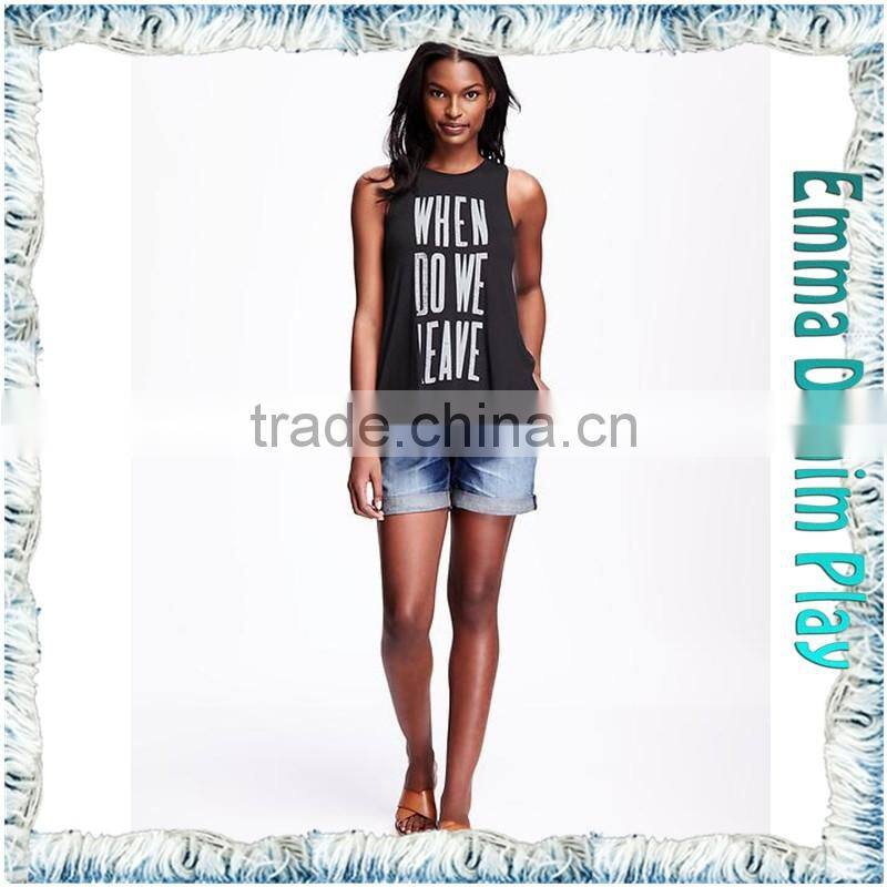 Latest Design Girls Words Printed Round Neck Sleeveless Grey Cotton Tank T Shirt