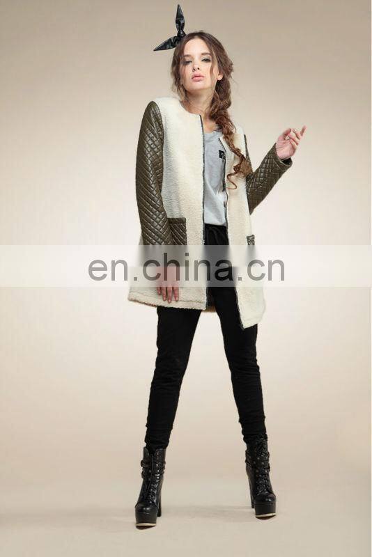 ladies new style of wool split joint PU cotton long sleeve o-neck overcoat
