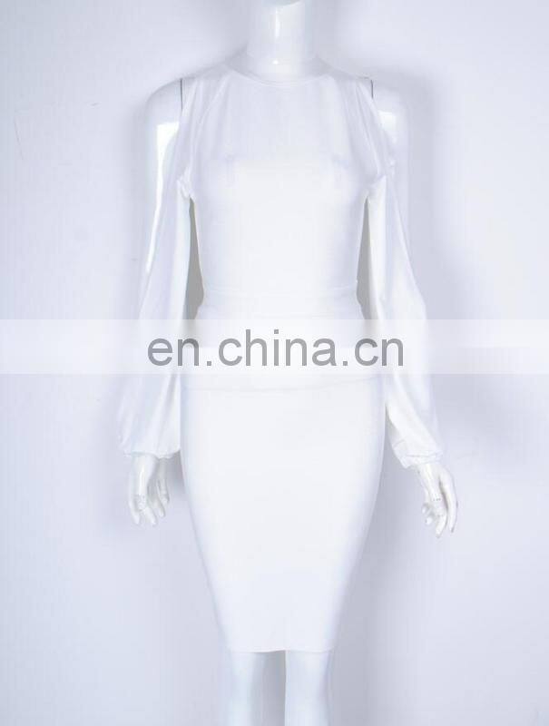 Amigo 2017 new style sexy long puff sleeve cut out bandage dress midi eyelet beaded evening dresses for women club wear