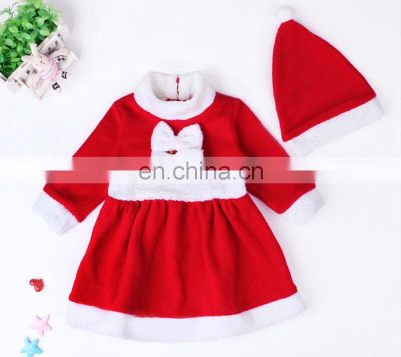 Newest Baby Girl Child Charming Christmas Skirt Gift Bowknot Ruffle Round Collar Long Sleeve Dress + 1 * Santa Claus Hat