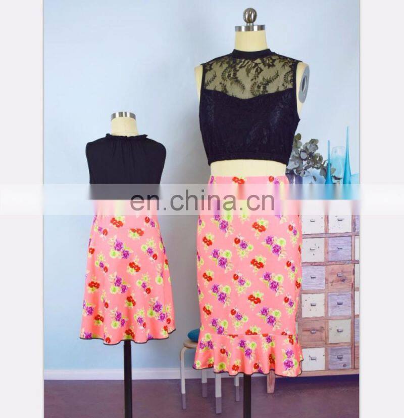 Mother daughter matching dresses 2pcs pink floral skirt black lace top women clothing summer set