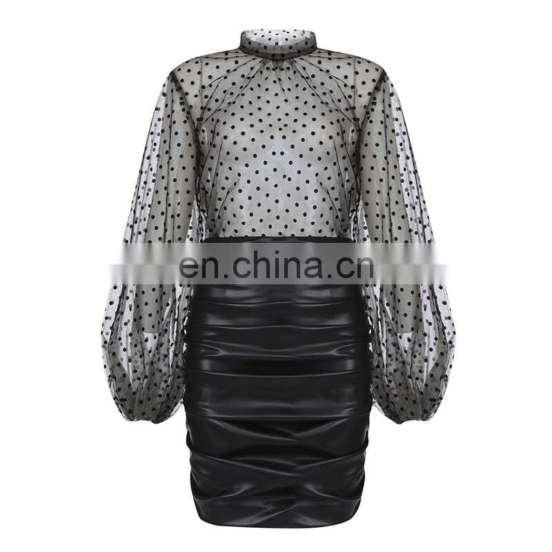 stand neck mesh dot synthetic leather skirt Long Sleeve Sexy Swear Club Wear Tight Wear