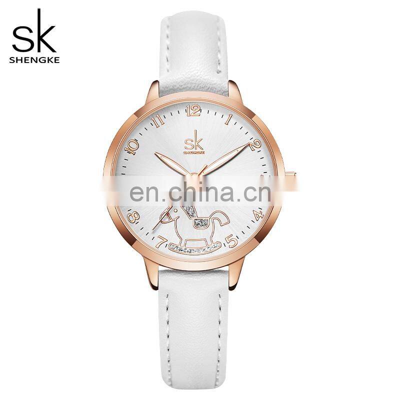 SHENGKE Cute Girls Handwatch K9027 Ultra White Band Watches Night Light Function with Shining Stone Student Wristwatch
