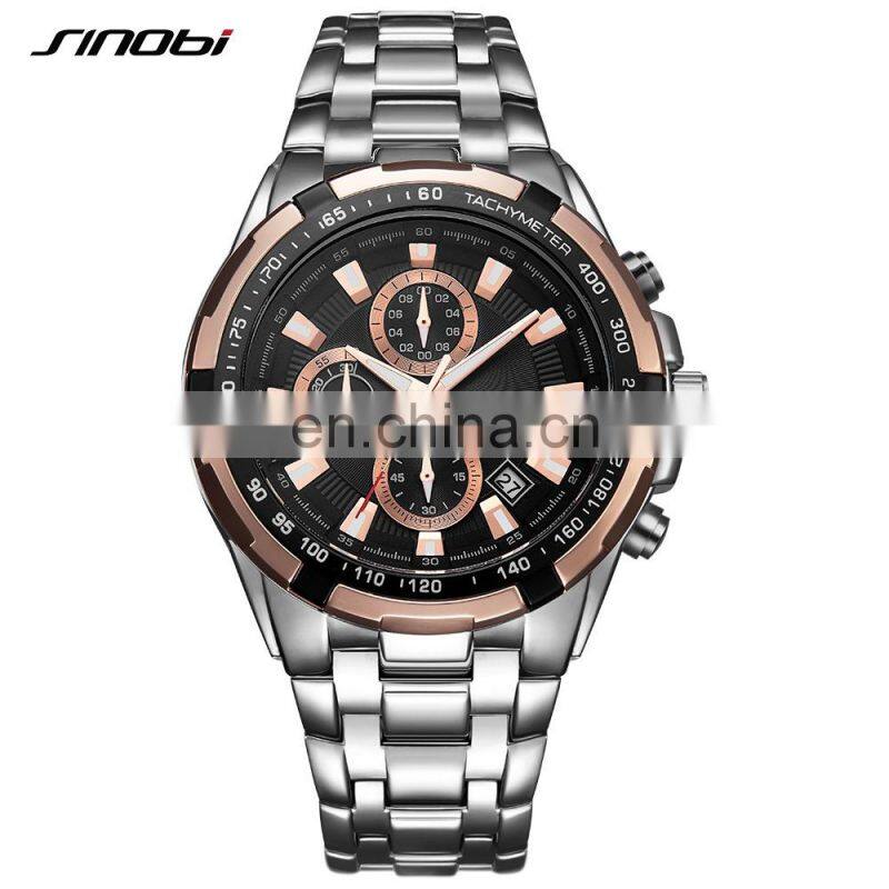 SINOBI Charming Luminous Watch For Man Full Stainless Steel Band Quartz Movement Wrist Watch Chronograph WatchS9720G