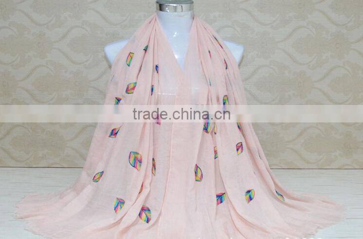 New Style Korea Lady Fashion Cotton 3D Colorful Leaf Embroidery Viscose Shawl