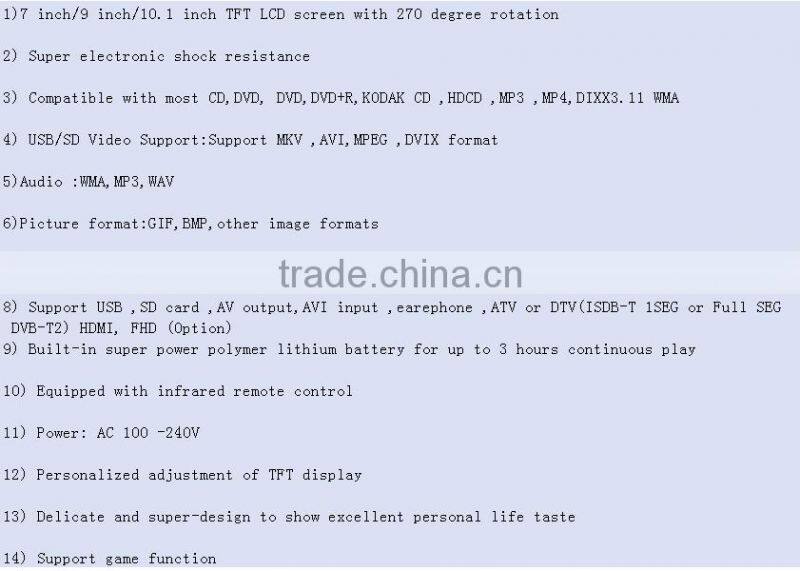 new year promotion! 9 inchs super thin portable dvd player with 270 degree rotation TFT LCD screen