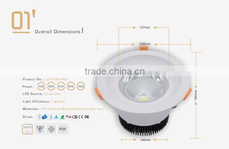 High Power 100w IP20 COB Black and White Lux Surface Downlight