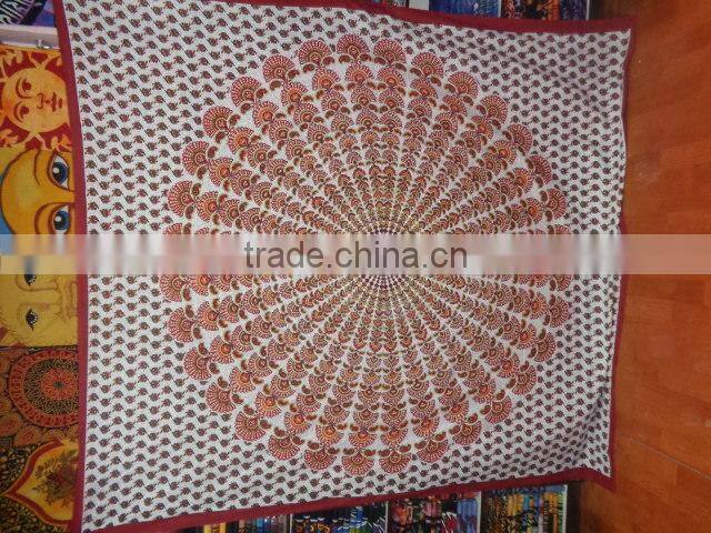 WHITE PRINTED BARMERI PEOCOCK MANDALA PRINTED TAPESTRY