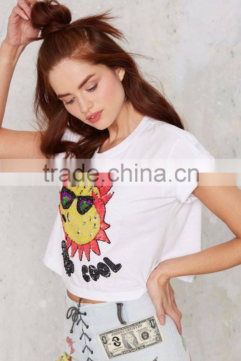 White Color Cool Cropped Sequin Tee Short Sleeve Custom Crop Top Women