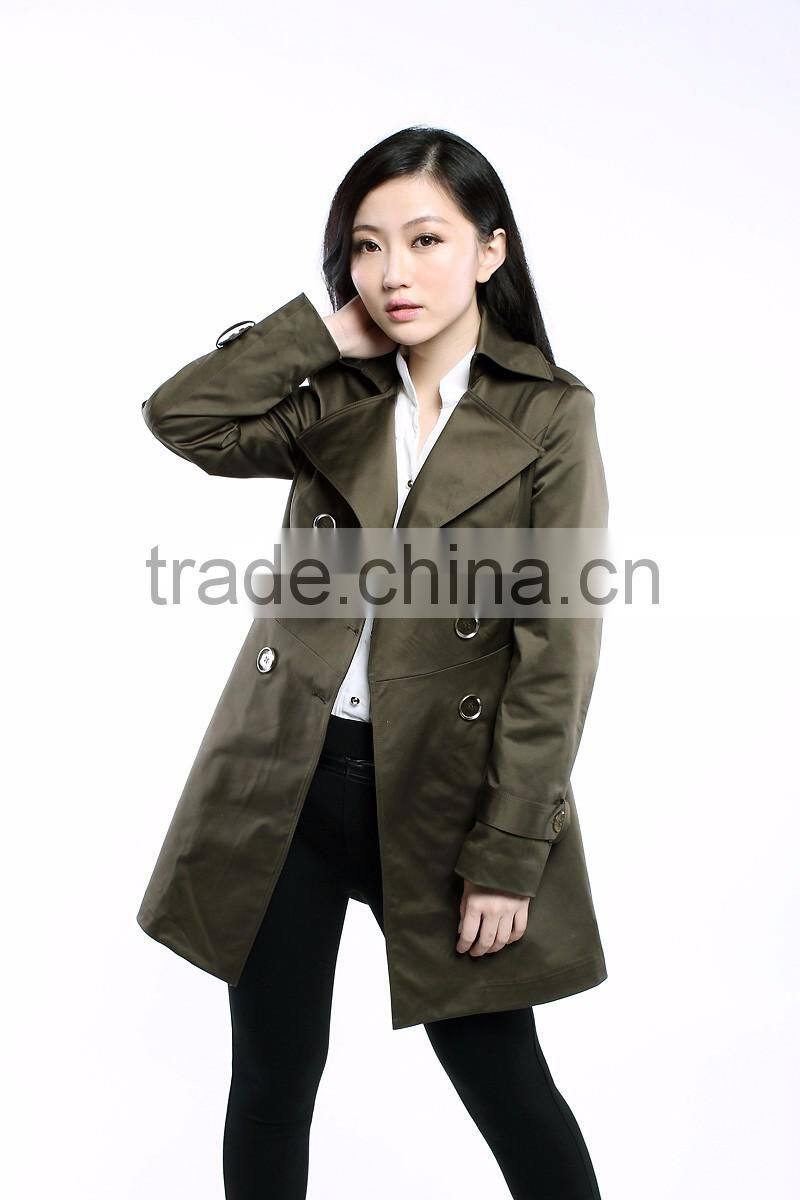 Women Wind Coats Turn Down Collar Double Breast Slim Trench Coat Green Navy Color