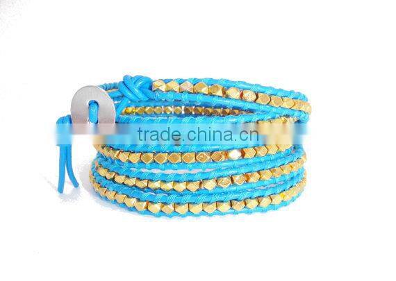 Blue Lapis Wrap Bracelet on Natural brown Leather with Silver tone nugget beads