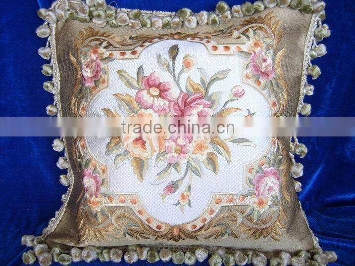 Polyester rural embroidery flower cushion cover with tassel