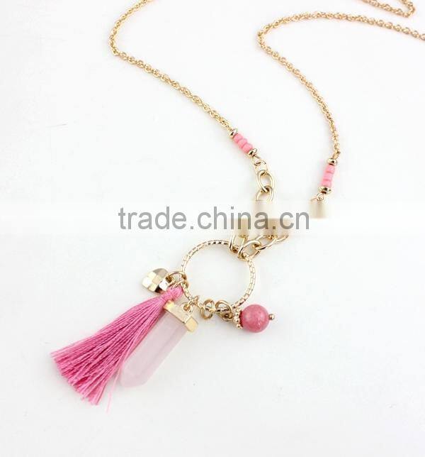2015 Newest Long Tassel Pink Natural Stone Pendant Necklace
