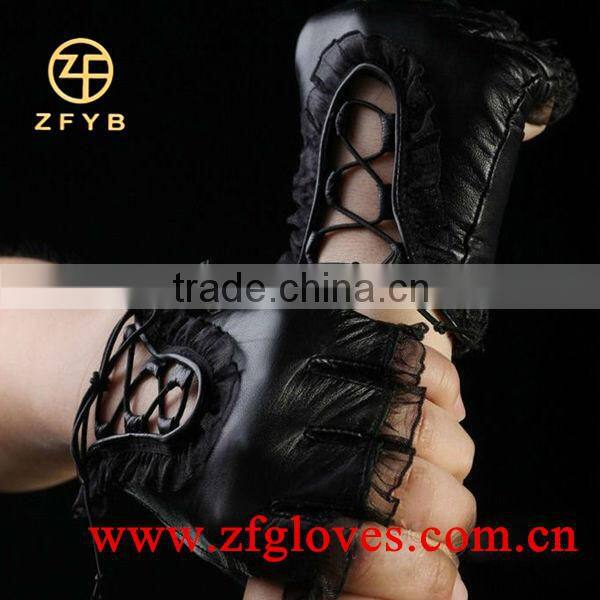 Half finger driving leather gloves with lace for ladies