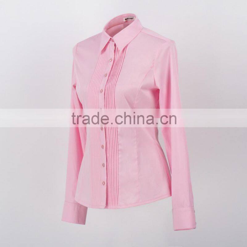 2015 fashion pink color long sleeve blouse pleated design ladies plus size shirt
