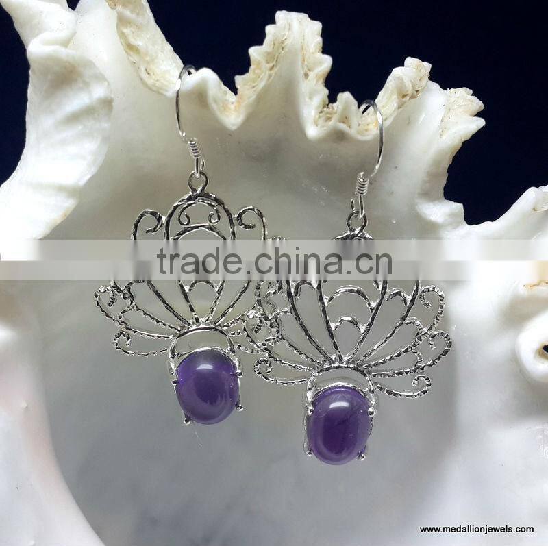 Amethyst Butterfly Shaped Cabochon 925 Sterling Silver Earrings, Fashionable Bezel Earrings, Designer 925 Silver Earrings