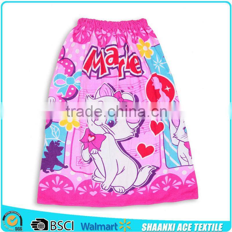 2015 Hot sell 100% cotton terry velour lovely cat printed bath towel skirt for girls