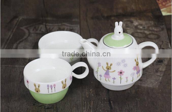 Zakka creative cartoon rabbit couples coffee kettele and mugs ceramic three-piece tea set with stainless steel filter