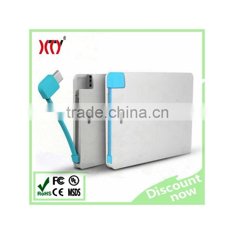 2500mAh lithium polymer battery credit card super slim Power Bank with built-in cable for phone digital device charger