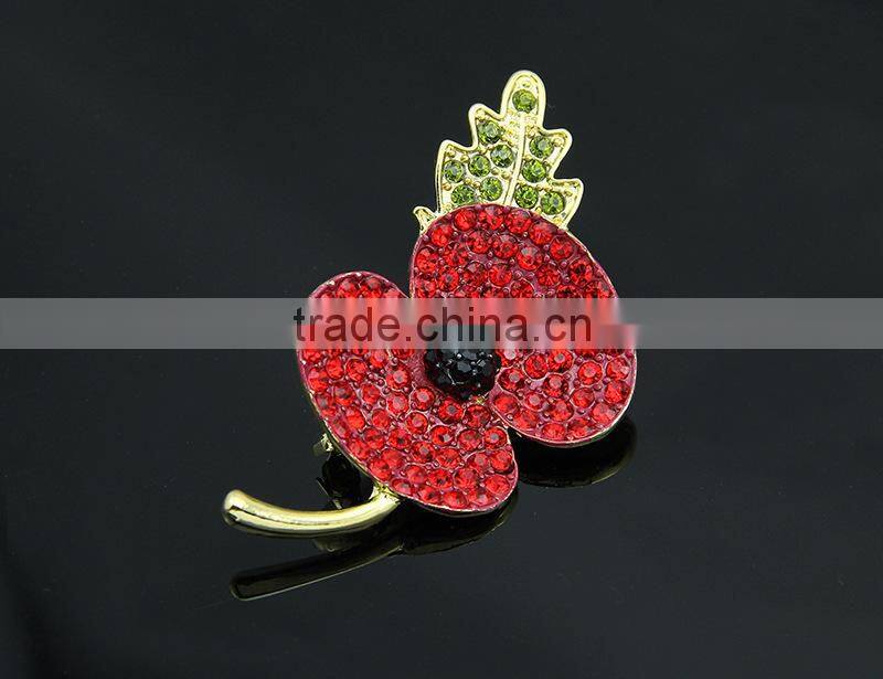 2015 wholesale red and green fashion pins crystal poppy bridal jewelry brooches bouquet