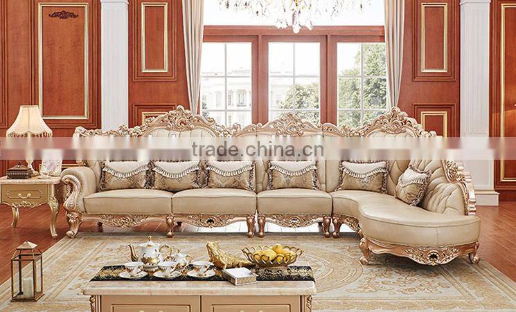 Champagne gold flower carving genuine leather sofa set