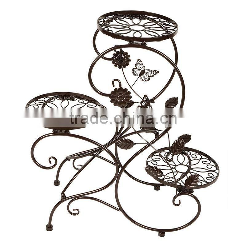 handicraft garden decor plant pot display retro 3-tier Classic flower Stand with Modern "S" Design iron plant pot trays
