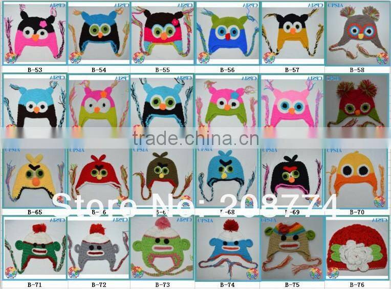 2014 Fancy Handmade Crochet Animal Baby Hats Caps 100 Wool Knitting winter Warm earflap Baby Beanie Hat