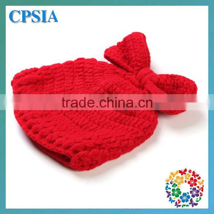 2014 Newest Baby Cute Hat Red Colour With Satin Bowknot 100% Headband Knit Cap