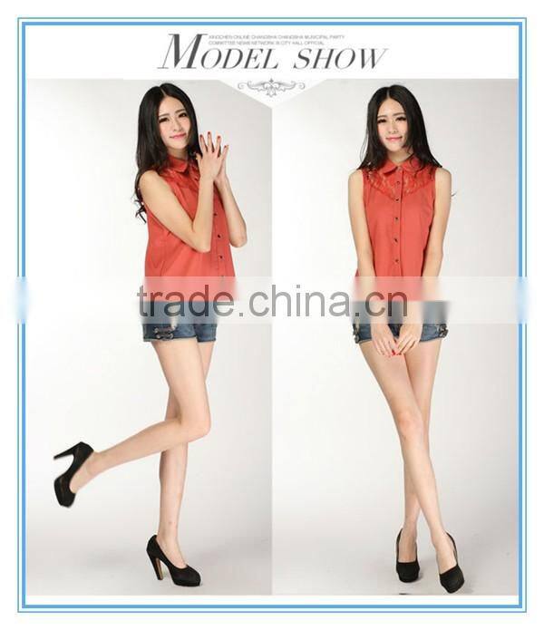 2016Fashion Coral Applique Sleeveless Chiffon Women Blouse Tops Designs