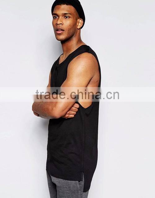 Men summer 100% cotton jersey longline sleeveless plain black t-shirt tank tops OEM custom