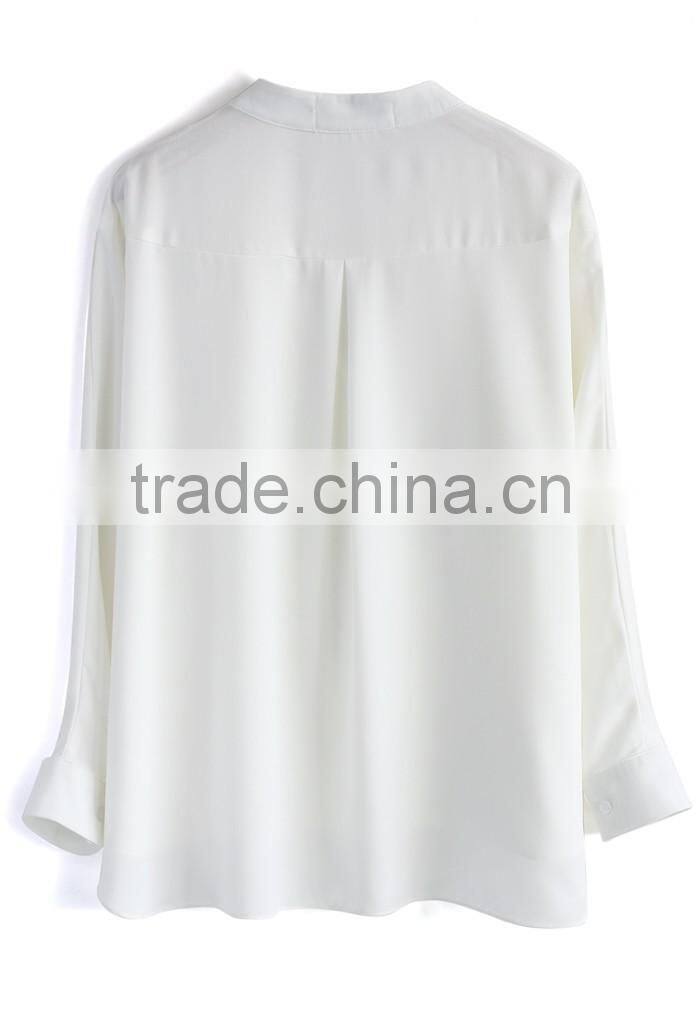 Women Suit Batwing Crepe Long Loose Shirt in White with Deep V Neckline White School Shirt