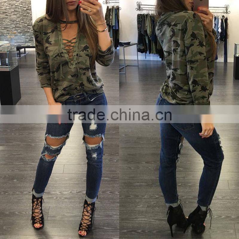 Women's hollow-out deep V-neck long sleeve camo t shirt