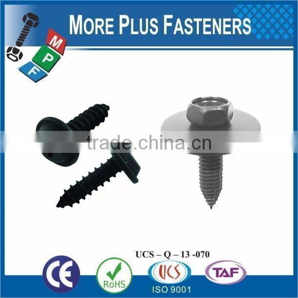 Taiwan #9-15 x 2" Zinc Pan Head Bimetal 6 Lobe Washer Head Sheet Metal Screw Type AB with Hex Double Lock Washer Square Washer