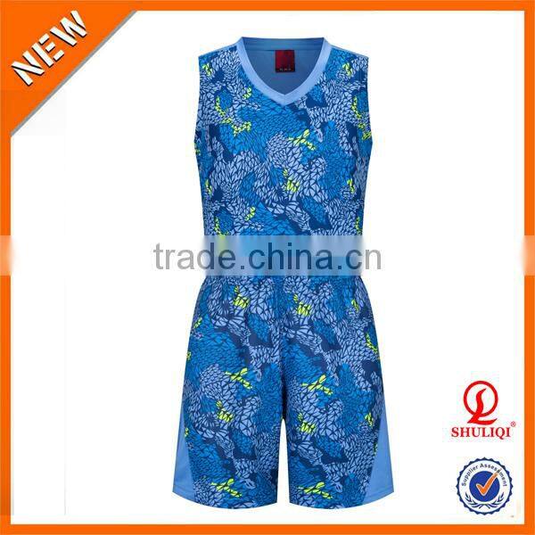 Wholesale sublimated custom camo basketball uniforms, basketball jersey uniform design color blue H-836