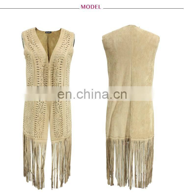 Wholesale Camel Color Laser Cut Suede Long Cardigan With Fringe