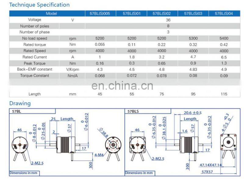 57BL04 brushless dc motor rated 36v 4000rpm 180w