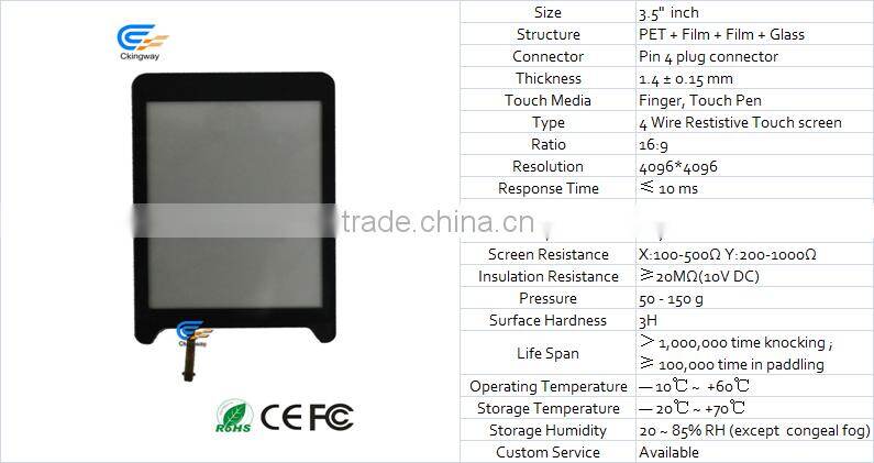 High Definition TFT-LCD 3.5 Inch 4 Wire Resistive Touch Screen Glass with Blace Frame