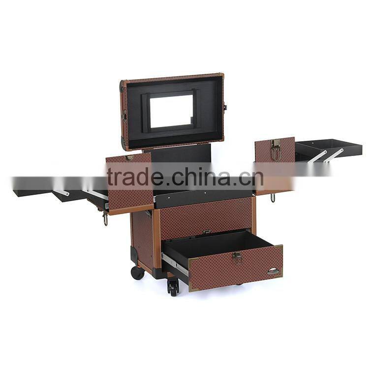 2016 newest design pvc beauty cosmetic makeup trolley case with mirror for beauty salon