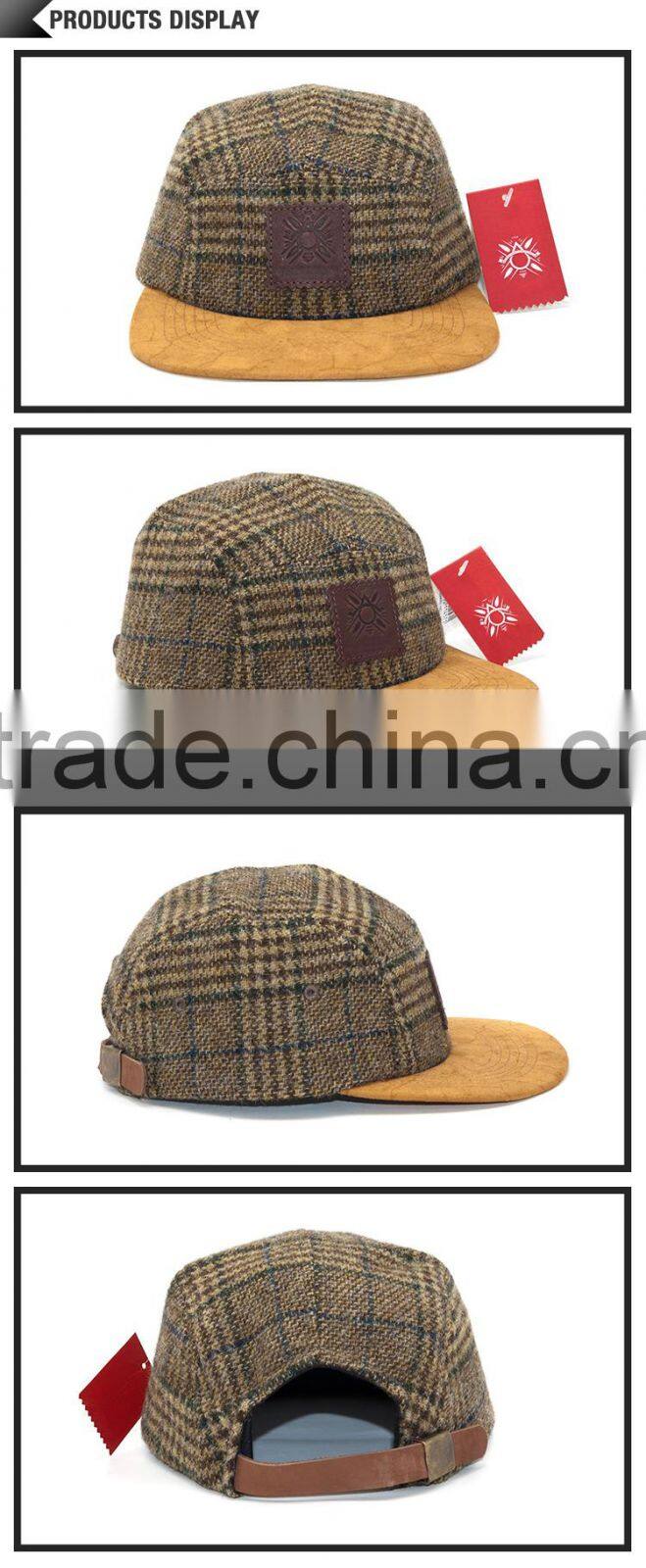 Custom flat brim wool tweed fabric 5 panel cap