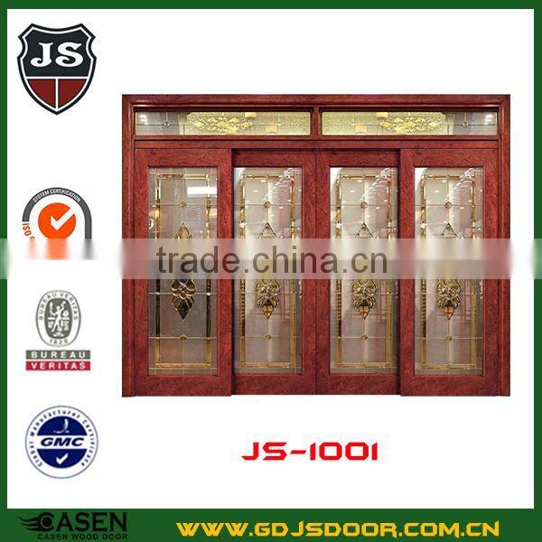 Rustic interior room flower carving wood frame sliding glass door