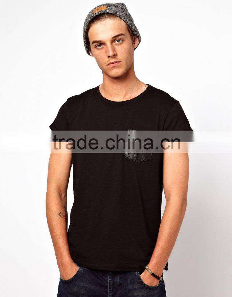 custom t shirt leather sleeves with chest pocket