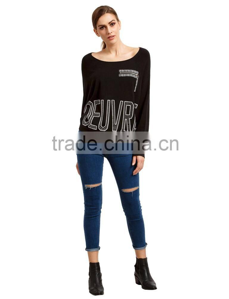 New arrival black loose style batwing sleeve rhinestones sweater