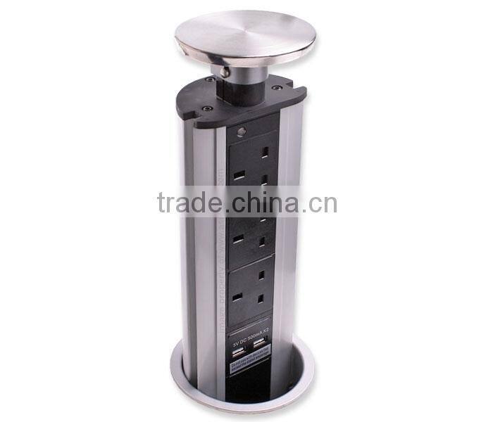 BS1363 standard power port Vertical Brushed Steel top desktop Pop Up Sockets