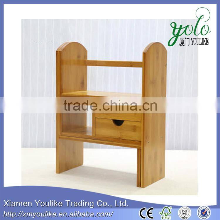 Mobile rotating design desk organizer Bamboo office Desk Organizer book rack with drawers