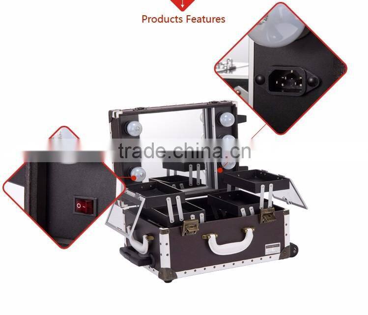 professional rolling travel trolley train 6-lights aluminum cosmetic case, light makeup case, cosmetic case with light