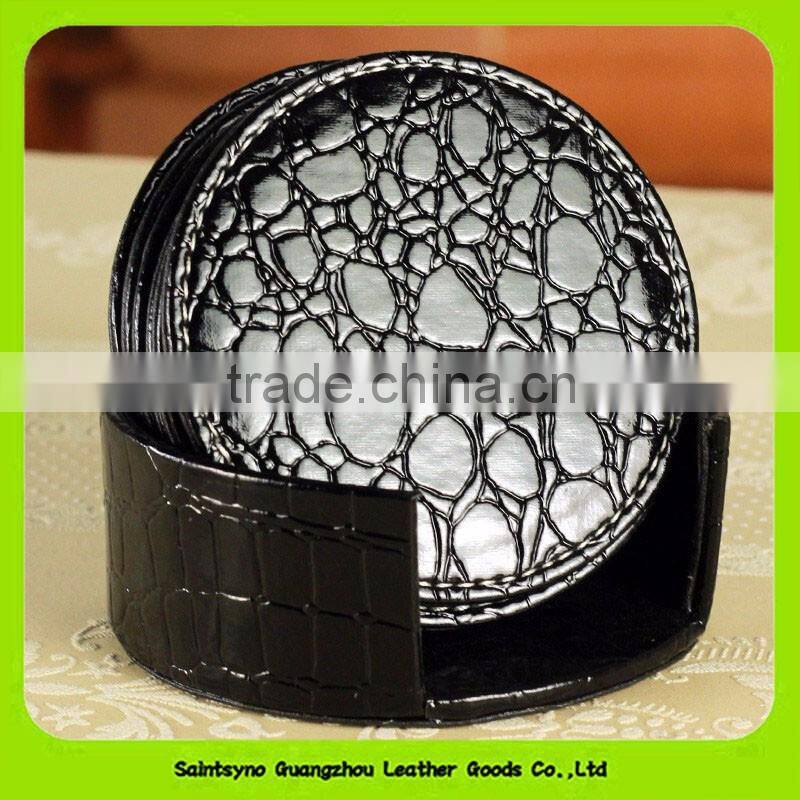 Solid Coffee Circular Cup Mat With Custom Logo, Faux Leather Coasters With Holder 16031