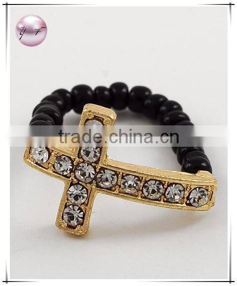 Gold Tone Turquoise Seed Beads Cross Stretch Ring
