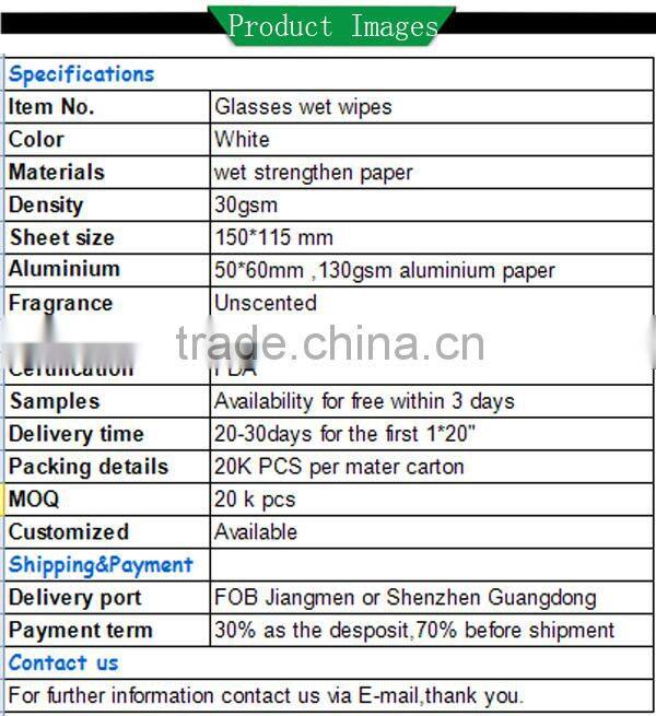 Hot and new glasses cleaning single wet wipes oem welcome