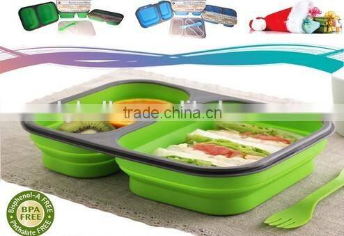 FDA 2 Compartment Food Storage Container and Collapsible Silicone Lunch Box with Utensil Included