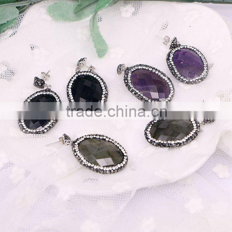 Natural Amethyst Amazon Turquoise Agate Labradorite Stone Druzy Earring, Oval Pave Crystal Zircon Jewelry Stud Earring